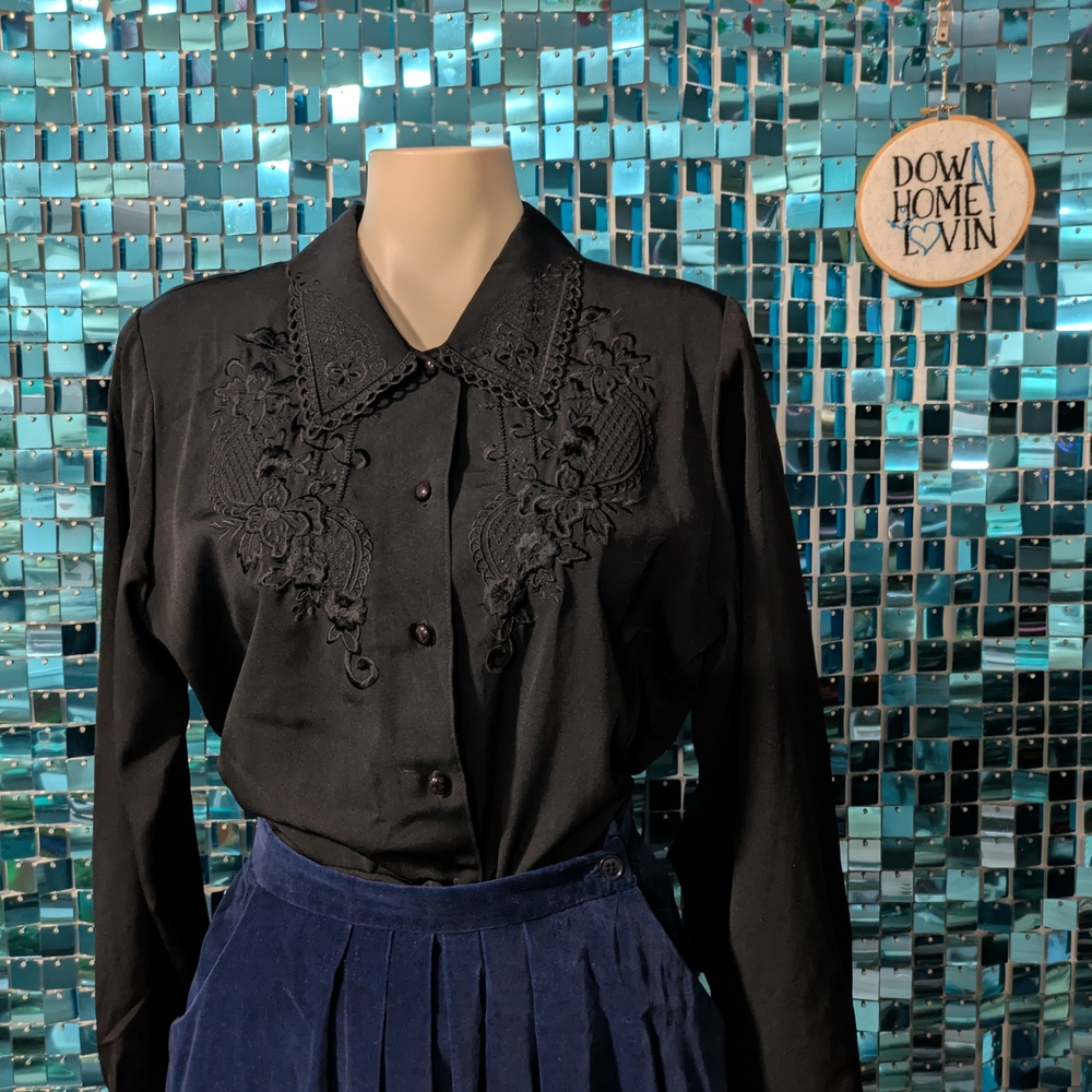 Black Embroidered Button-Up Blouse